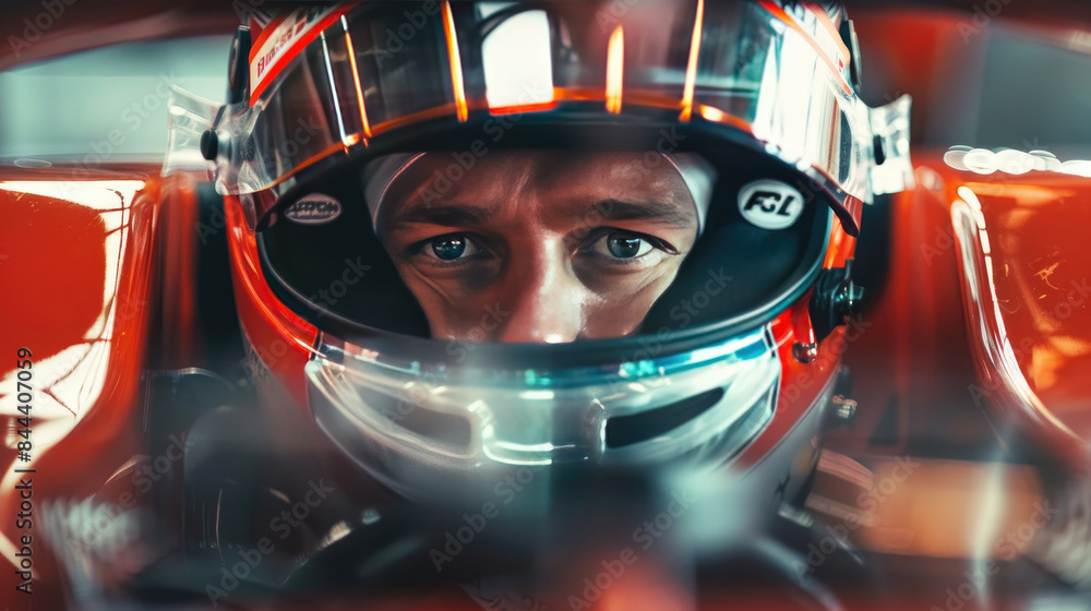 Close Up of Male F1 Racer with racing Helmet Close Up of Male F1 Racer with racing Helmet