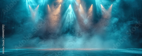 Blue Ice Rink Background. Professional Arena illuminated neon lights, spotlights with smoke. Copyspace. Generative ai