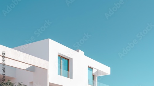 Architectural detail of white modern Mediterranean house in blue sky background. Minimal architecture building detail in coastline by sea or ocean
