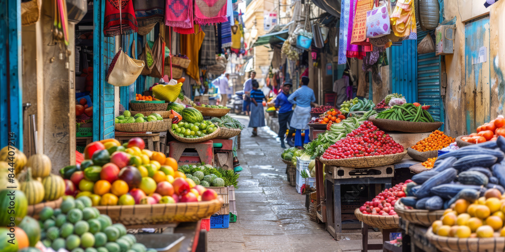 A Vibrant Street Market Scene with Stalls Full of Fresh Produce, Colorful Textiles, and Bustling Activity