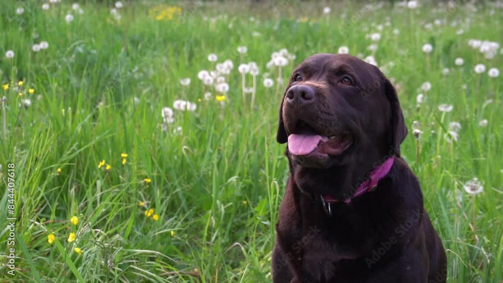 portrait of a chocolate Labrador retriever on blurred background of green grass. close-up. beautiful adult female. copy space. portrait of a chocolate Labrador retriever on blurred background of green grass. close-up. beautiful adult female. copy space.