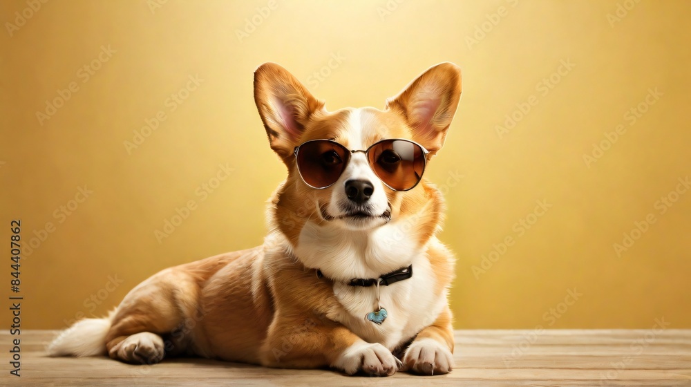 closeup of happy cute Pembroke Welsh Corgis dog wearing sunglasses closeup of happy cute Pembroke Welsh Corgis dog wearing sunglasses
