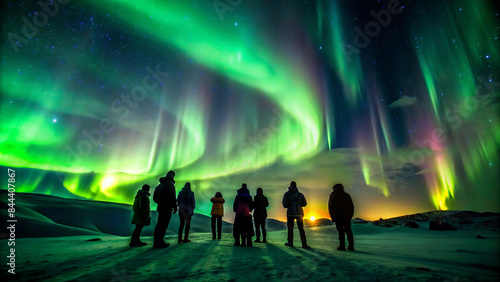 Crowd of people admiring the aurora borealis