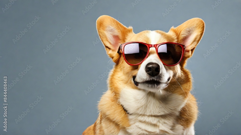 closeup of happy cute Pembroke Welsh Corgis dog wearing sunglasses closeup of happy cute Pembroke Welsh Corgis dog wearing sunglasses