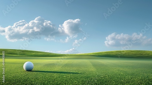 Sports and Athletic Excellence: A golf ball on a green field under a clear blue sky.