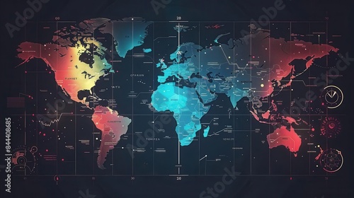 Fototapeta Naklejka Na Ścianę i Meble -  Detailed world map with time zones, clocks showing current time for major cities