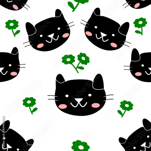 Black cat and green flowers on white background