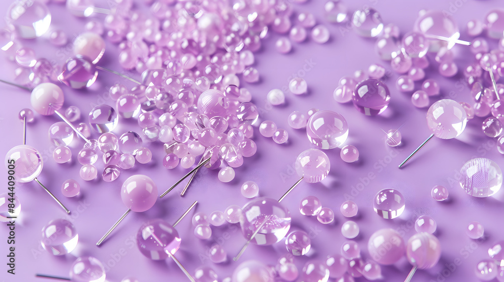 Translucent beads and circular pins scattered on a lavender background Translucent beads and circular pins scattered on a lavender background