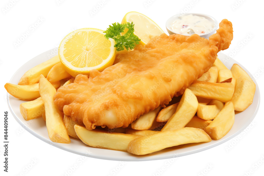 Crispy fish and chips served with a lemon wedge and tartar sauce on a white plate. Classic British dish for a delicious meal. Crispy fish and chips served with a lemon wedge and tartar sauce on a white plate. Classic British dish for a delicious meal.