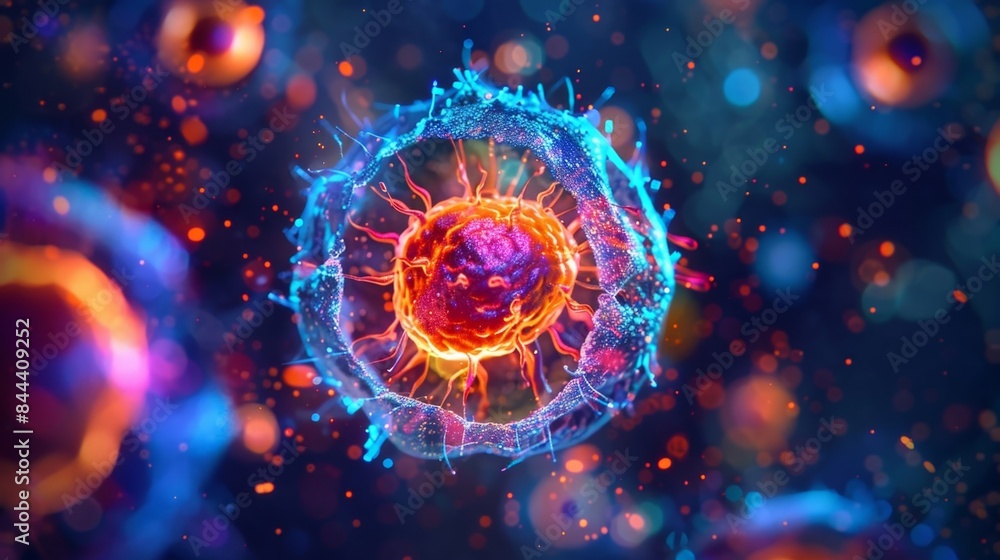 Fluorescent microscopy image of an activated B lymphocyte surrounded by a glowing ring of antigens Fluorescent microscopy image of an activated B lymphocyte surrounded by a glowing ring of antigens