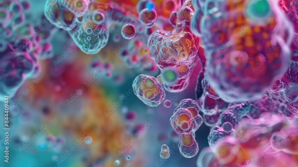 A microscopic view of tiny spherical structures with colorful particles inside indicating the conversion of glucose in the glycolysis pathway A microscopic view of tiny spherical structures with colorful particles inside indicating the conversion of glucose in the glycolysis pathway