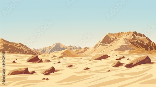 A desert landscape with beige-colored rocks and sand dunes, showcasing the natural beauty of arid regions. photo