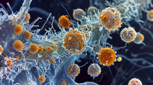 An electron micrograph of a dendritic cell binding to Tcells facilitating the recognition and response to specific antigens photo