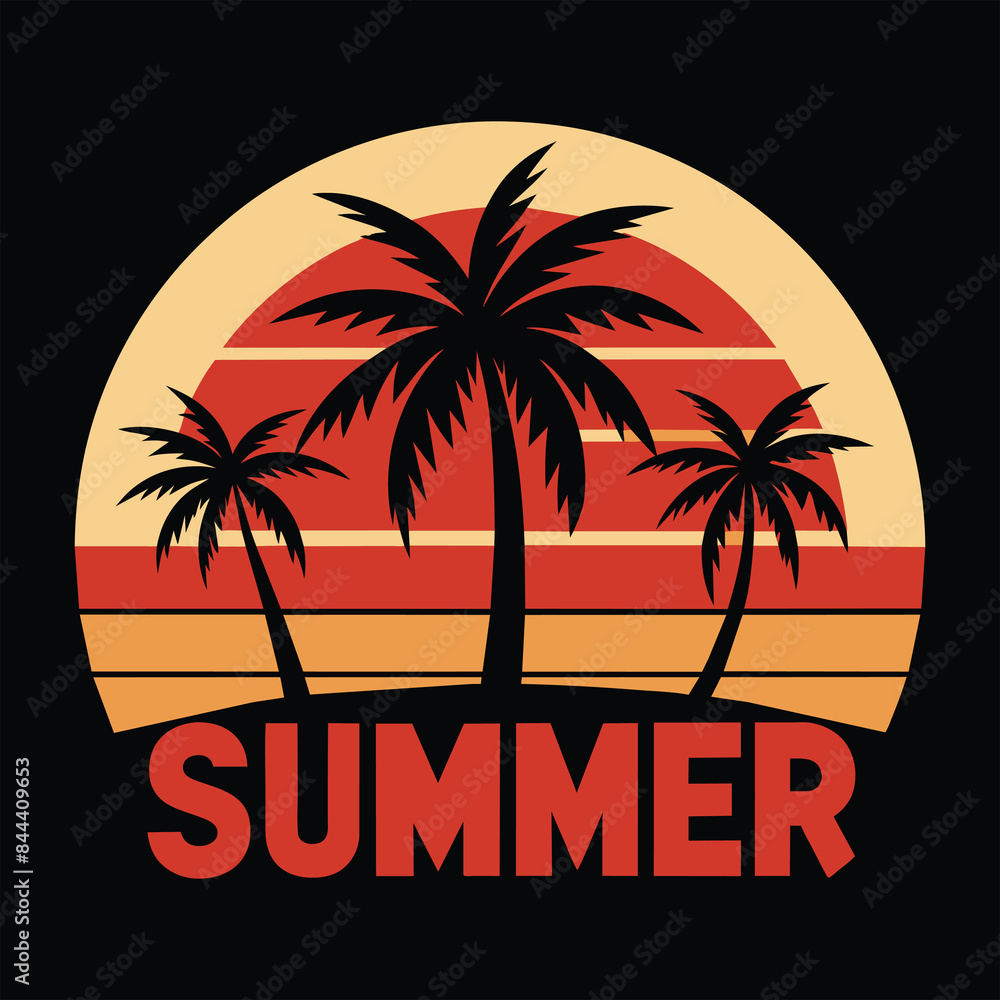 Naklejka premium Retro Sunset Summer design with Palm Tree