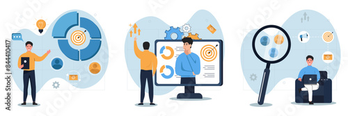 Set of illustrations of the impact of marketing tools on the audience. Characters use targeting, email marketing and analyze results. Increase in customers and revenue. Vector.
