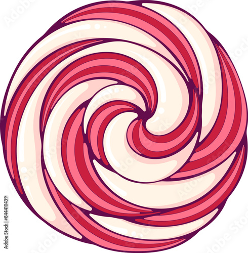 Pink white twisted lollipop, meringue or whipped cream top side view. Decorative striped spiral. Vector illustration of dessert in cartoon flat style isolated on white.