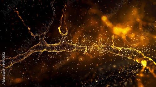 A darkfield microscopy image of a neurons synapse with neurotransmitter molecules appearing as tiny specks of light as they are released and travel towards the receptor sites on th photo