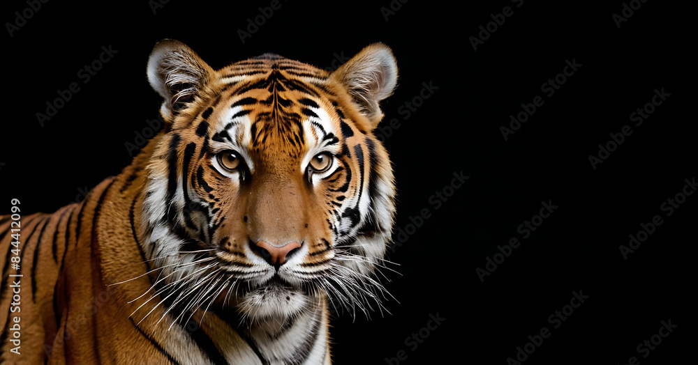 Obraz premium Majestic Bengal tiger with orange fur and black stripes standing alert in a black background. Ideal for wildlife, nature, and animal power concepts.