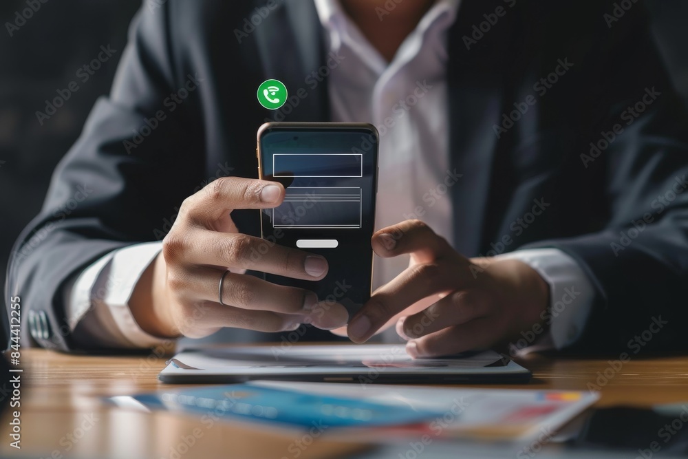 Businessmans digital world, making secure payments on a mobile device Businessmans digital world, making secure payments on a mobile device