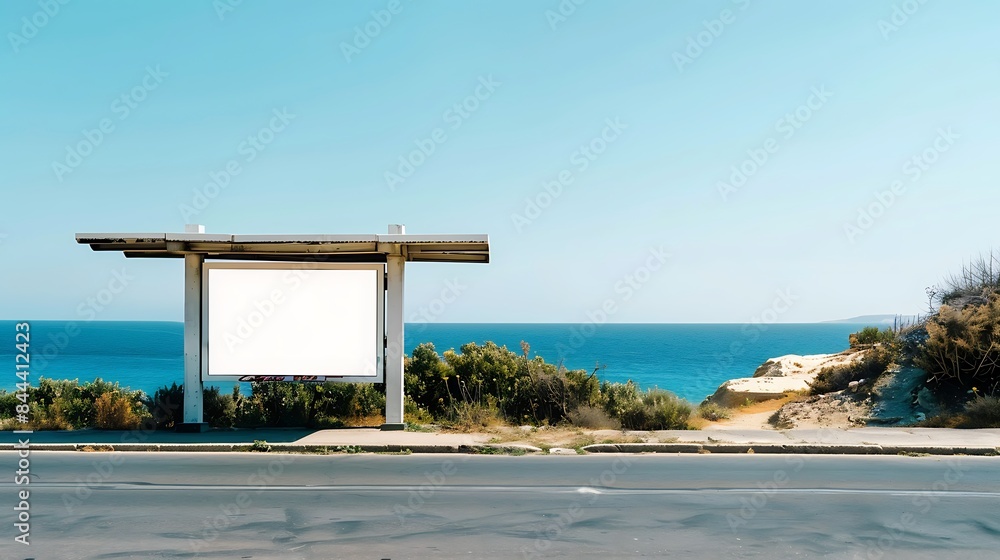 Compact vertical blank billboard at a bus stop on a coastal road with an elegant view of the ocean and clear skies.