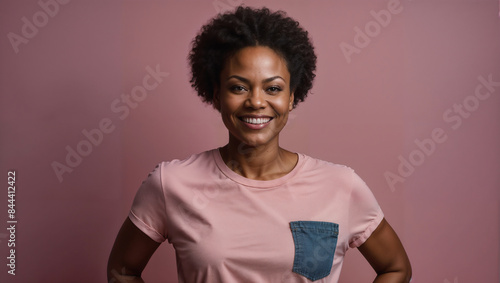 Giovane donna di origini africane posa sorridente in uno studio fotografico con sfondo rosa photo