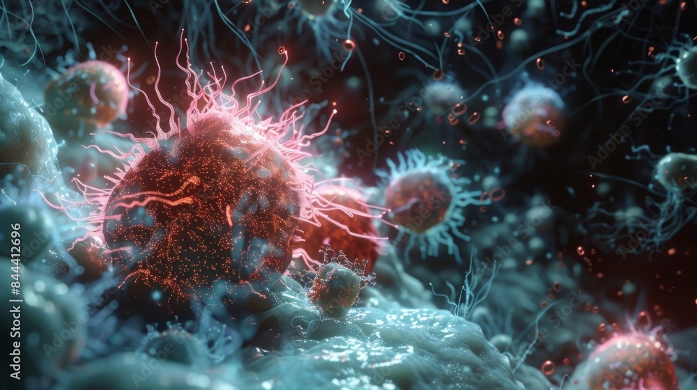 Cluster of autoreactive T cells gathering around and attacking a healthy cell in a patient with type 1 diabetes Cluster of autoreactive T cells gathering around and attacking a healthy cell in a patient with type 1 diabetes