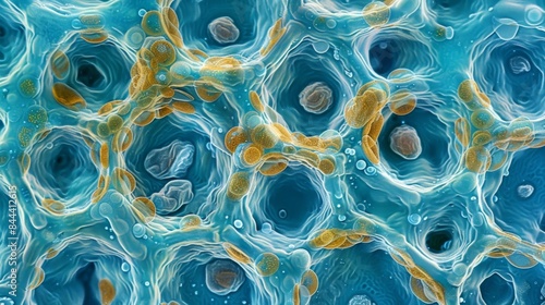 Microscopic view of senescent cells in a tissue sample exhibiting a flattened and enlarged appearance compared to healthy cells