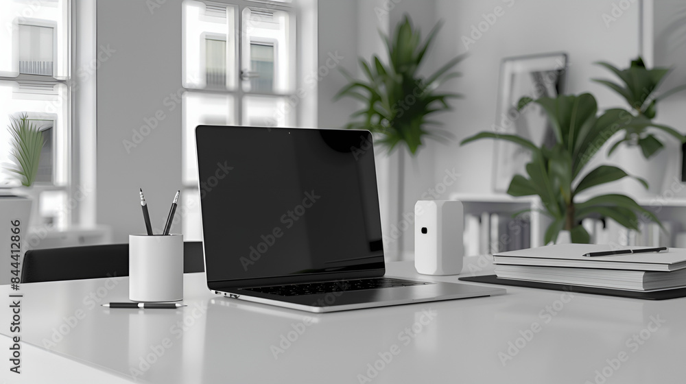 modern office interior with laptop. workspace with modern laptop. Creative working desk with laptop computer, , stationery and potted plant modern office interior with laptop. workspace with modern laptop. Creative working desk with laptop computer, , stationery and potted plant
