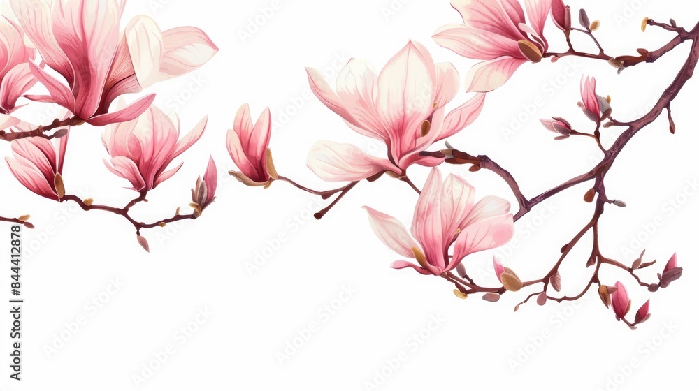 Fototapeta premium Isolated white background branch with pink magnolia flower in spring