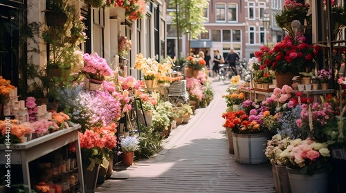 Panoramic view of a street in Amsterdam, Holland with flowers © Iman