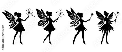 Beautiful fairy side view silhouette black filled vector Illustration icon set.