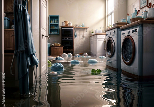 View of flooded kitchen floor with water leaking. Concept of property damage, insurance, house maintenance