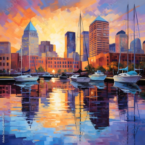 Boston, Massachusetts, USA skyline at sunset.  Digital painting. photo