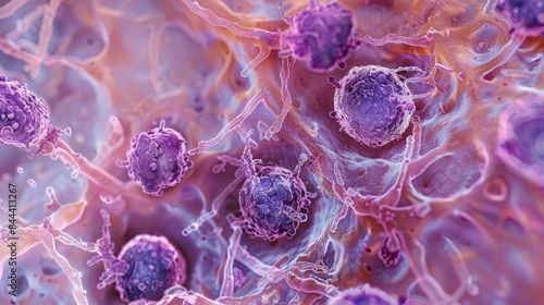 A microscopic view of an allergic reaction with mast cells releasing their granules in response to an allergen