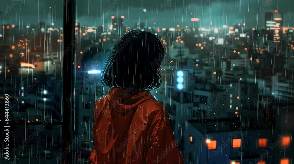 A girl gazing at the rain-soaked cityscape from a rooftop. Anime or digital painting style, looping 4k video animation background A girl gazing at the rain-soaked cityscape from a rooftop. Anime or digital painting style, looping 4k video animation background