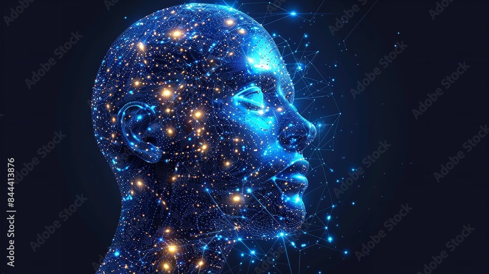 A digital art image depicting a human head composed of blue lights and particles against a dark background A digital art image depicting a human head composed of blue lights and particles against a dark background