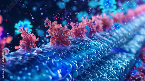 A 3D representation of a lipid bilayer showcasing the fluid nature of the plasma membrane and the movement of its components photo