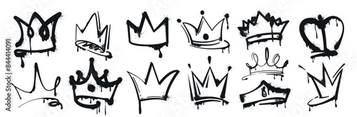 Vector set of spray paint crown. Black graffiti drawing king, queen or prince crowns. Hand drawn princess tiara, diadem with ink splatters and drips. Royal head accessories in grunge street art style.