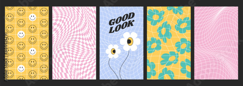Psychedelic checkerboard set with distorted grid tile. Checkered seamless pattern in retro y2k style. Warped chessboard, poster with funky daisy flowers, fun smile faces. Geometric twisted backgrounds