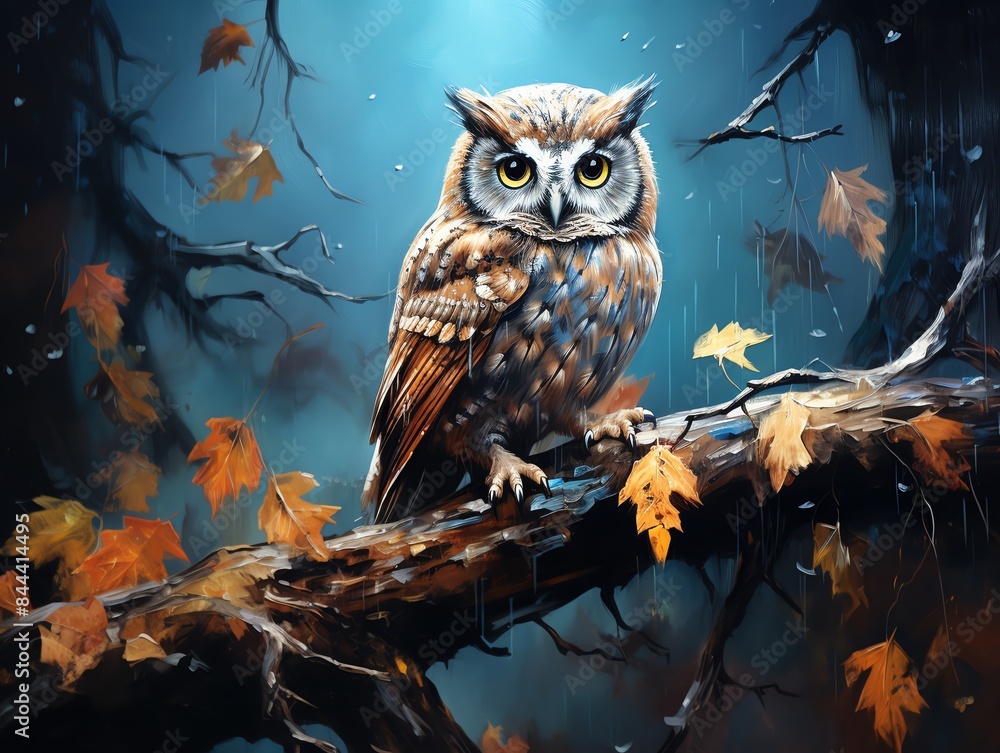 Artwork of an owl perched on a tree branch Artwork of an owl perched on a tree branch
