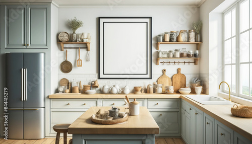 Sunlit Kitchen with Shelves and Mockup Frame