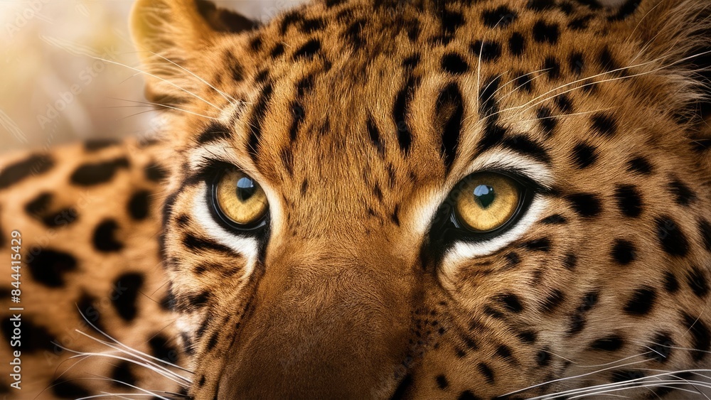 Obraz premium A stunning close-up photo of a leopard eyes, showing its large, luminous eyes with a mesmerizing look