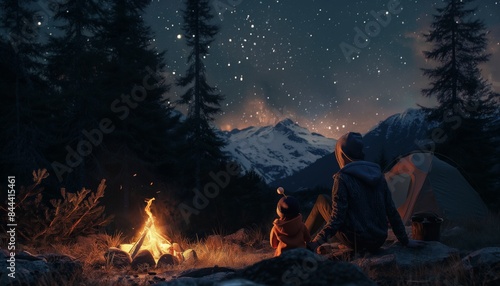 Mother and daughter camping in the woods sitting around a campfire, roasting marshmallows and telling stories