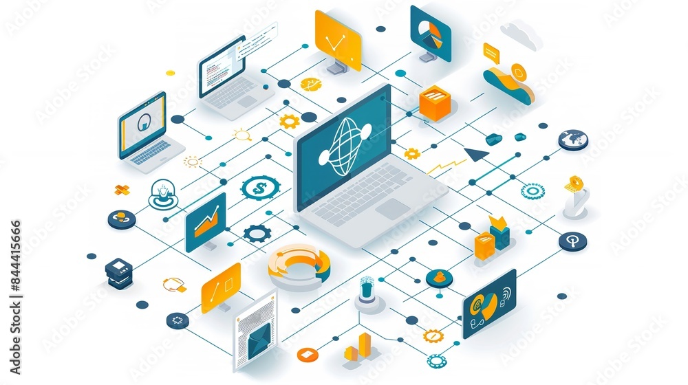 An illustration of a network of computers and devices connected by lines An illustration of a network of computers and devices connected by lines