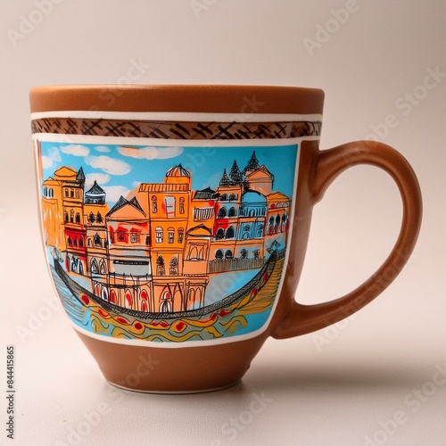 Design of a cup with an image of a mahalla/neighbourhood. You can draw symbolic cityscapes, elements of traditional architecture, or details characteristic of a given area. photo
