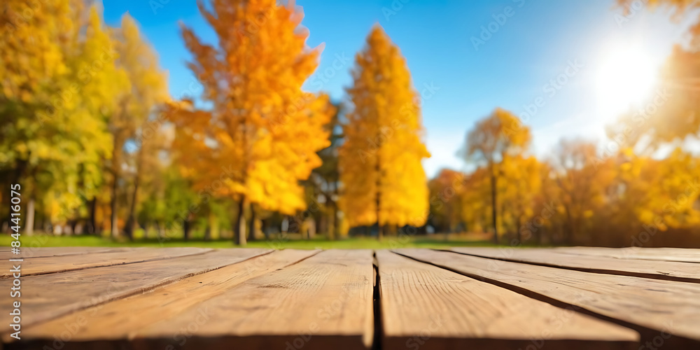Rustic wooden table with a backdrop of a breathtaking autumn landscape. Ideal for product displays, nature-themed designs, or fall promotions. Rustic wooden table with a backdrop of a breathtaking autumn landscape. Ideal for product displays, nature-themed designs, or fall promotions.