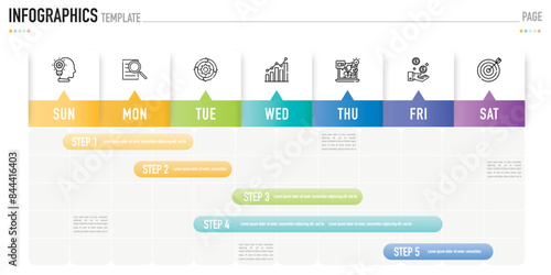 Schedule weekly infographic template or element with 7 day, 5 step, process, option, colorful paper origami, arrow, bar, rectangle, minimal style for sale slide, planner, agenda, calendar, timetable