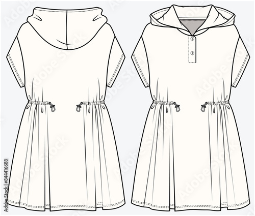 DROP SHOULDER HOODED SPORTY DRESS WITH ELASTICATED TOGGLE WAIST DETAIL DESIGNED FOR TEEN AND KID GIRLS IN VECTOR ILLUSTRATION FILE