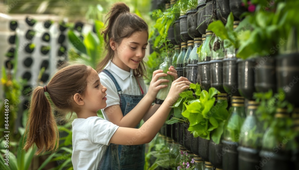 Obraz premium Mother and child make a garden from used plastic bottles creating a creative and environmentally friendly mini garden