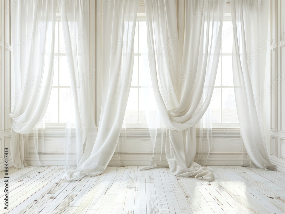 White sheer curtains hanging room photography backdrop sunlight in window. White sheer curtains hanging room photography backdrop sunlight in window.